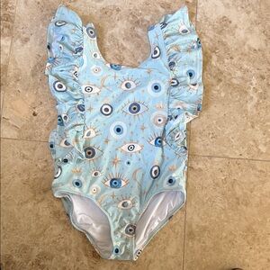 Posh Peanut Girl's Light Blue Evil Eye Ruffle One-Piece Swimsuit